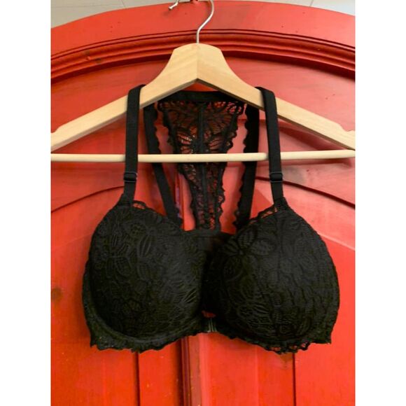 Victorias Secret PINK Bra 34DD Black Lace Pushup Racerback Padded Frnt Close EUC - Picture 1 of 3